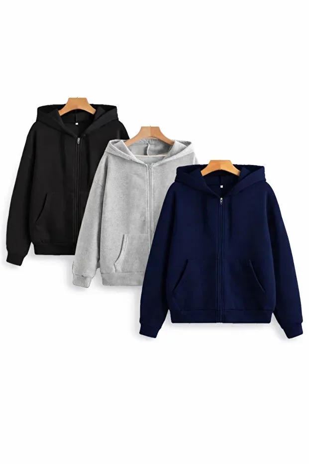 3-Piece Zippered Hoodie Sweatshirt Cardigan Black Navy Grey