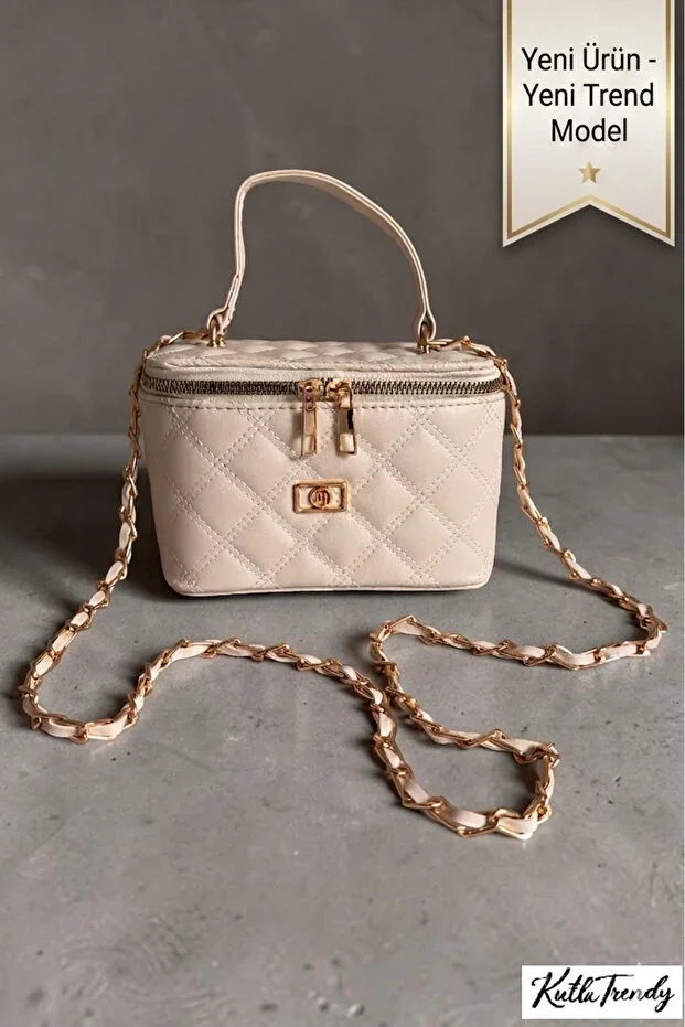 Women's Cream Mini Box Bag, Quilted Pattern Chain Strap Crossbody and Handbag
