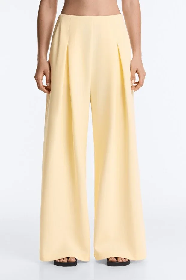 Oysho Cotton Pleated Wide Leg Long Trousers
