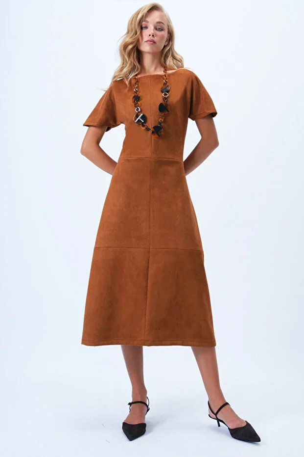 Women's Suede Leather Dress with Tab Neckline, Boat Neck, Hidden Zipper, Darts and Seam Details Alc-X14405