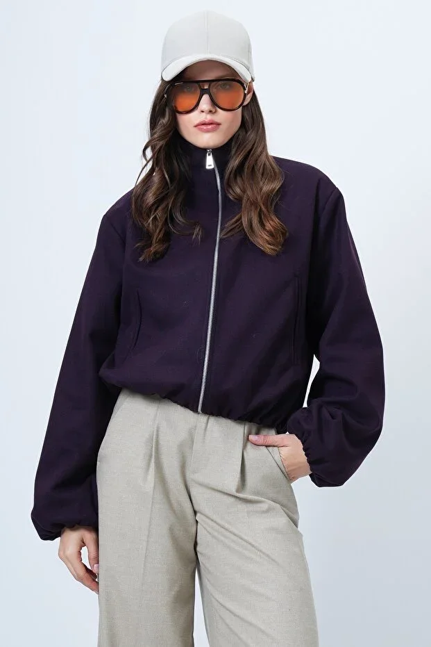 Mor Dik Yaka Beli Lastikli Bomber Ceket ALC-X14692