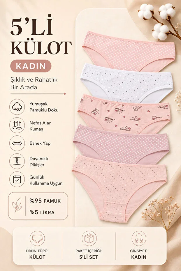 Women's Panties 5 Pack Lycra Cotton Printed