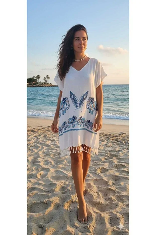 Luxury Print Elephant Bamboo Pestemal Beach Dress