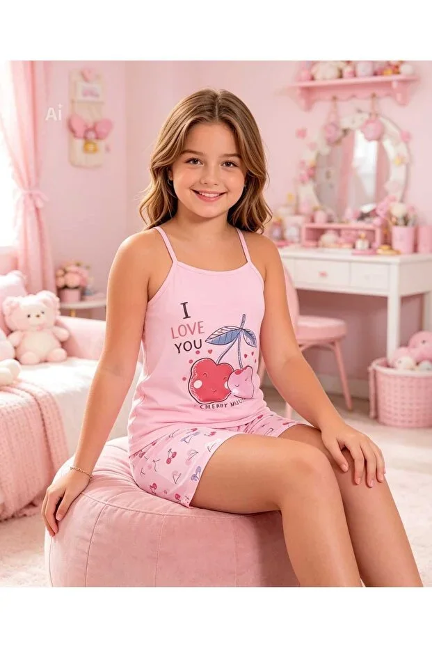 Girls Pink Cherry Pattern Cotton Jersey Undershirt & Shorts Pajama Set