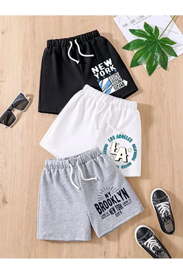 Men's 3 Color Black-White-Gray Newyork-LA-Brooklyn Printed Relaxed Cotton Shorts