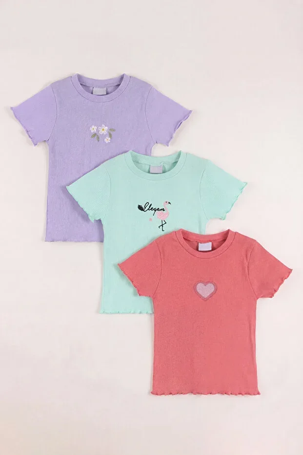 5-12 Years Girls 3-Piece Embroidered Ribbed T-shirt Lycra Stretchy Summer Bodysuit Set