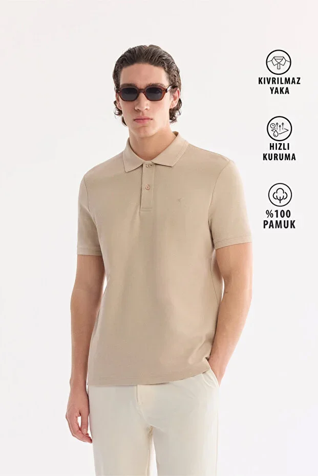 Men's Beige Non-Iron Polo Neck %100 Cotton Basic Regular Fit T-Shirt B001032