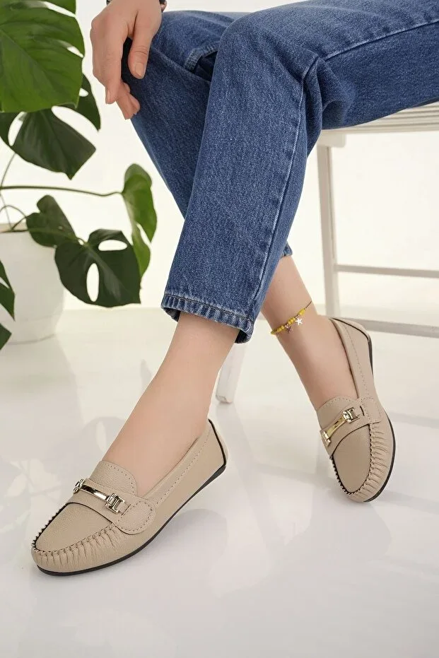 Women's Ballet Flats Beige Chain Buckle Light Comfortable Sole Stylish Daily Shoes