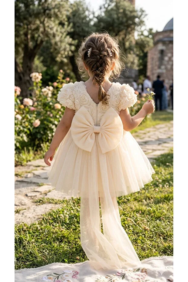 GIRLS DRESS BALLOON SHORT SLEEVE DETAILED TAIL BOW PARTY BIRTHDAY DRESS COTTON 1-7 YEARS