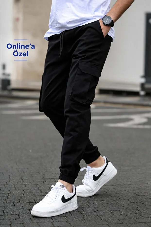 Men's Black Jogger Quality Cotton Lycra Cargo Elastic Waist and Hem Cuffed Cargo Pocket Pants