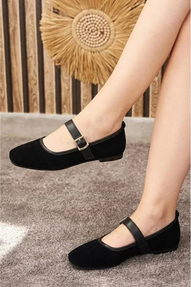 Daily Women's Ballet Flats with Strap, Elastic Buckle, Stitch Detail, Comfortable Home, Work, Office Shoes 951