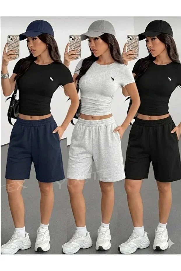 modlux 3 Pieces (Shorts) Black-Grey-Navy Women's Oversize Fit Shorts Bermuda Comfortable Fit Non-Sweating
