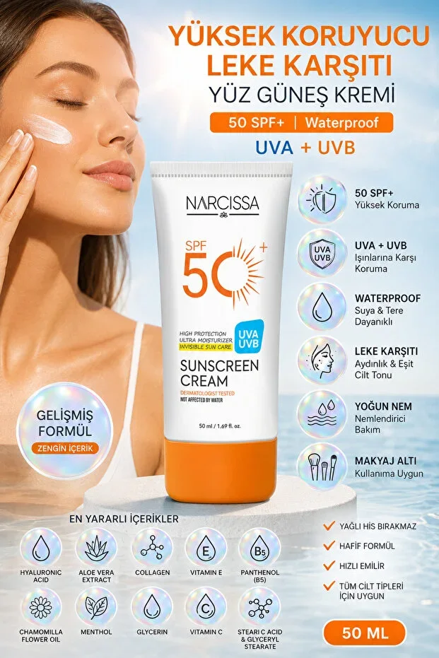 High Protection, Anti-Stain Face Sunscreen 50 SPF+ Waterproof UVA + UVB 50 ML