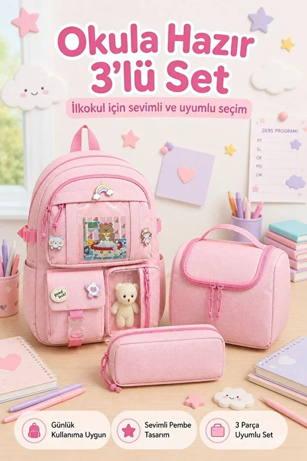 Korea Model 3-Piece Primary School Bag Set, Backpack + Lunch Bag + Pencil Case