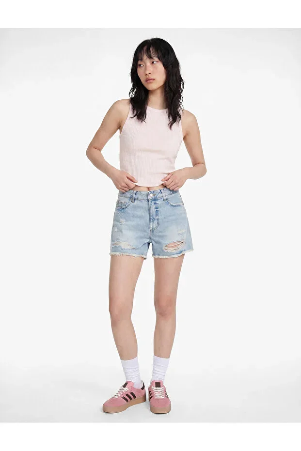 Distressed Detail Cotton Relaxed Fit Mini Denim Shorts