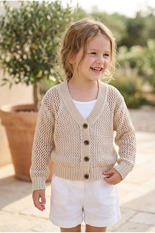 Girls' Premium Seamless Cable Knit Cardigan V-Neck Buttoned Cotton Perforated Knit