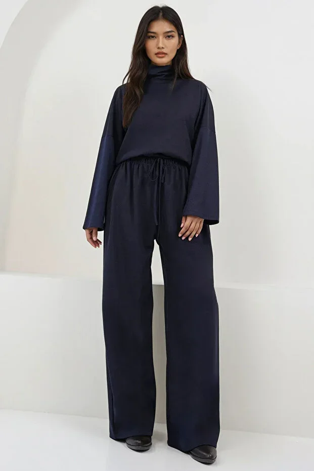 Navy Blue Fisherman Collar Oversize Blouse And Double Pocket Palazzo Pants Set ALC-X14836