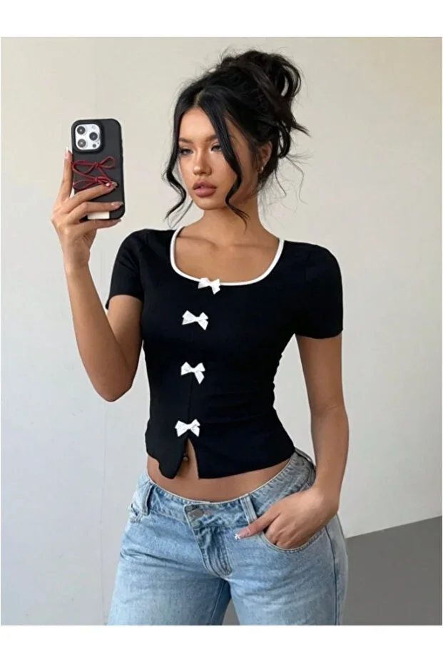 MOONBULL Women's Short Sleeve Black Ribbed Blouse with 4 Front Bows