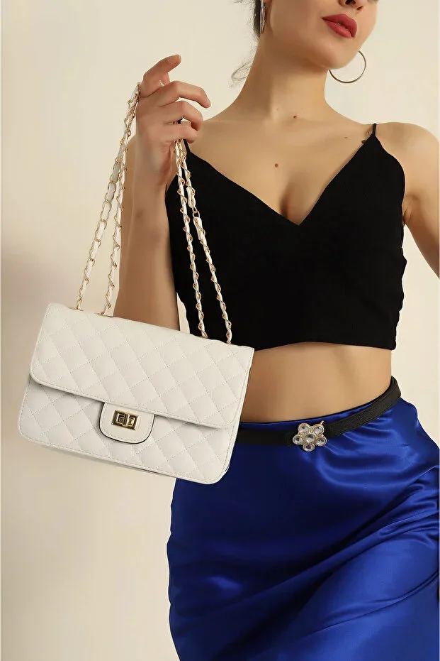 Quilted Lock Closure Shoulder Bag with Adjustable Chain Strap