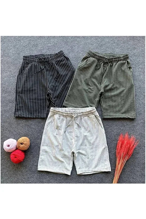 Black Khaki Grey Men's Striped Regular Fit 3-Pack Shorts & Bermuda