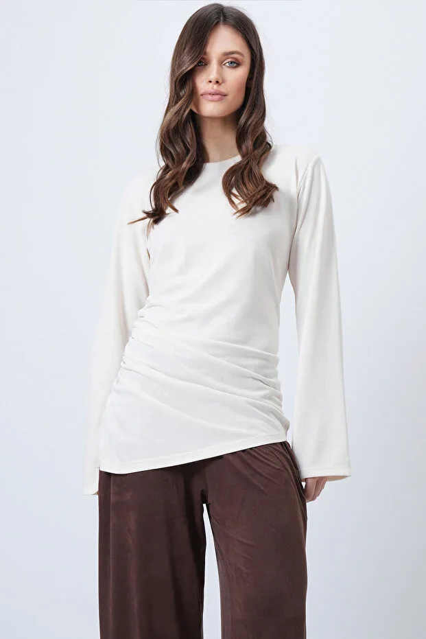 Women's Ecru Round Neck Asymmetric Cut Long Tunic ALC-X14705