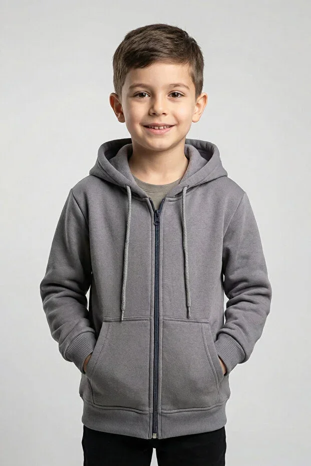 Men's Kids Basic Plain Hooded Zip-Up Sweatshirt - 2544