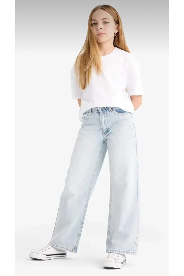 Girls' Ice Blue Straight Wide Jean Pants 6-15 Years