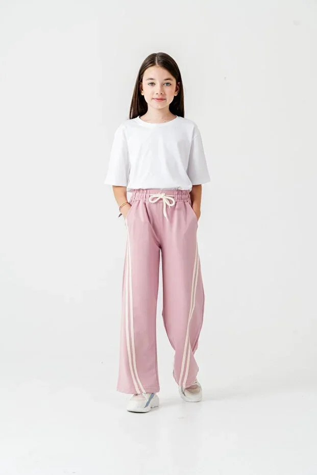 Girl's Wide-Leg Herringbone Side-Striped Sweatpants