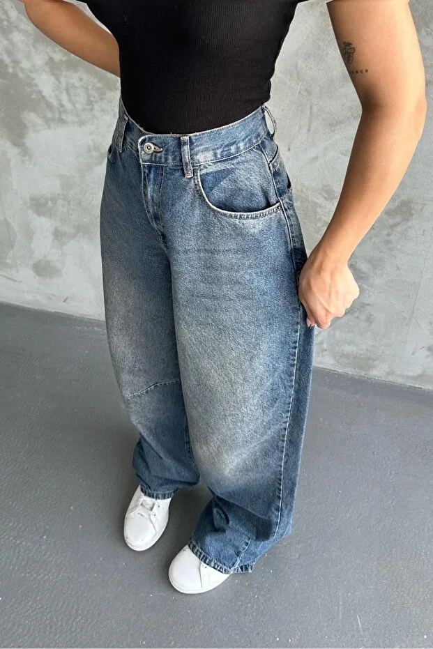 macharel jeans Toka Detaylı Dark Blue Loose Fit Wide Leg Relaxed Baggy Jean Pants