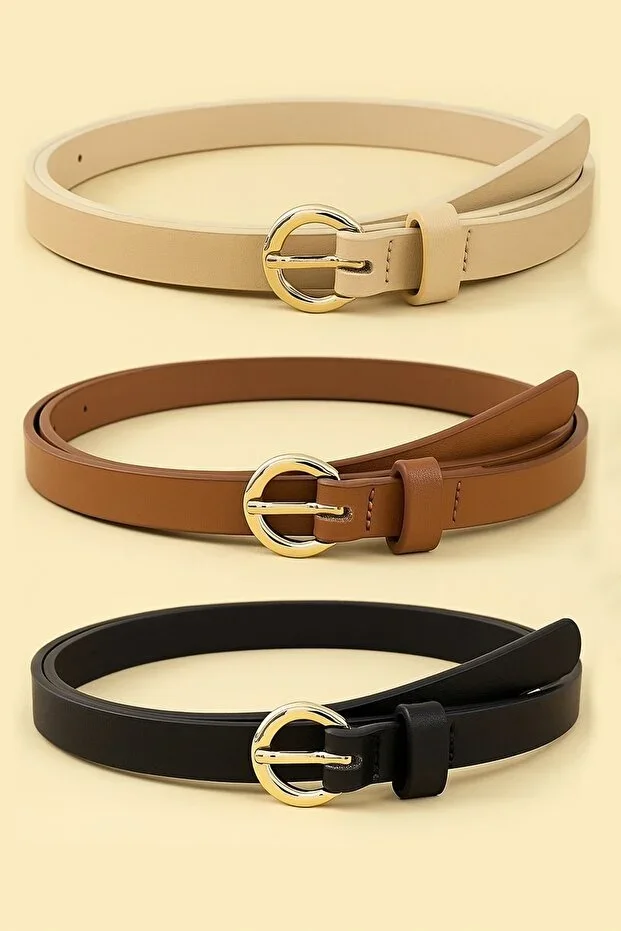 Women's 3-Piece Gold Rectangular Buckle Belt for Pants, Shirts, Jackets, Dresses, Sweaters - 2 cm