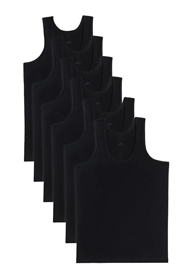 6 Pieces Compact Combed Black Men's Undershirt 100% Cotton Standard Fit Regular Cut 6-Pack