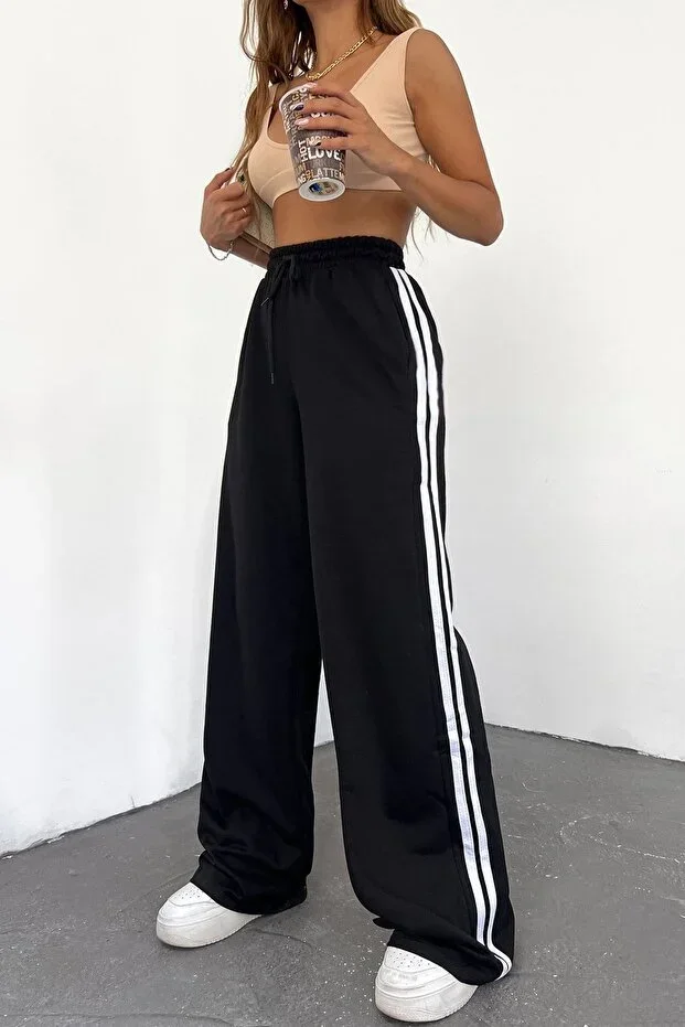 Women's Black High Waist Striped Wide Leg All-Season Sweatpants