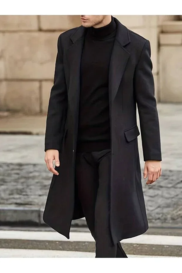 Men's Black Slim Fit Long Wool Coat