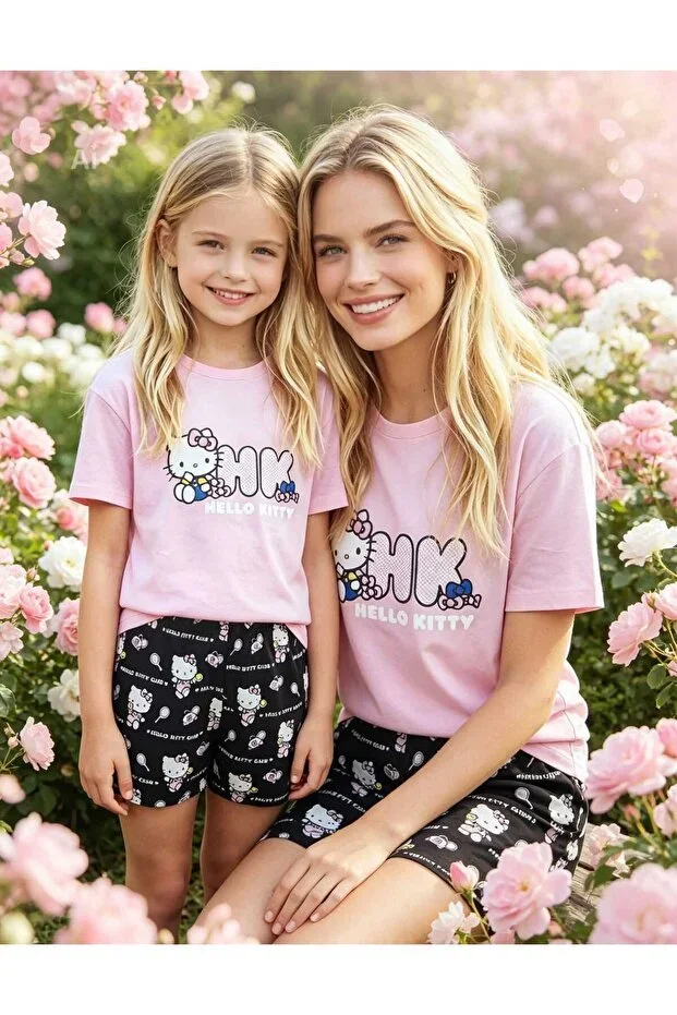 Mother & Daughter NiCe İç Giyim Licensed Hello Kitty Pink & Black Crew Neck T-Shirt & Shorts 100% Cotton Kids Pajama Set (SOLD SEPARATELY)