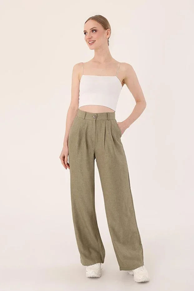 Hazel Women's Khaki High Waist Linen Palazzo Pants