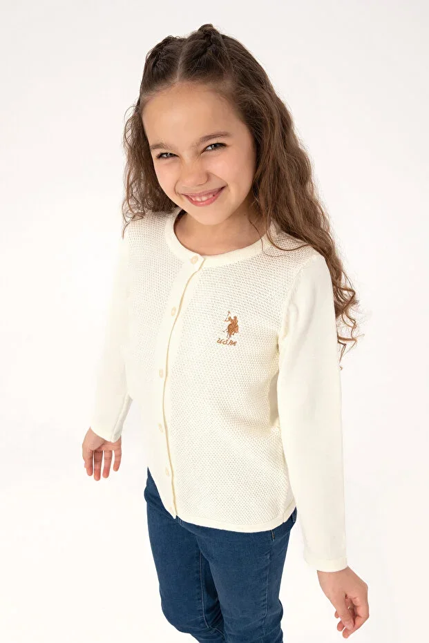 Girls Cream Buttoned Crew Neck Knit Cardigan 50316292-VR256
