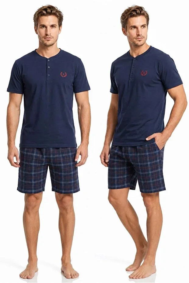 Men's 100% Cotton Button-Down Collar Plaid Pocketed Shorts Pajama Set | Navy Blue 1000-70