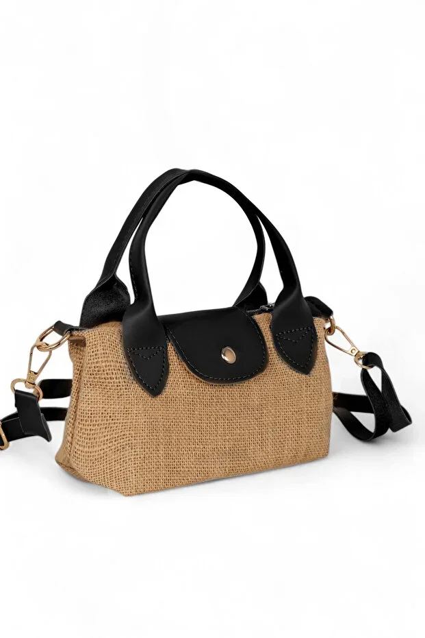 Women's Black Mini Straw Shoulder and Cross Bag