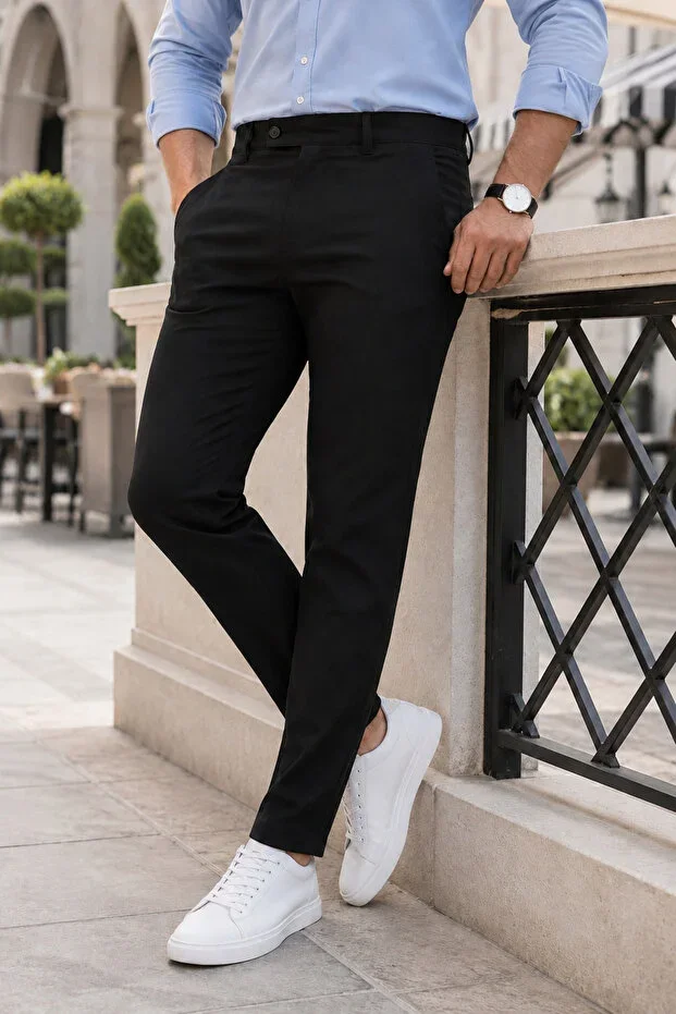 Men's Black Color Quality Flexible Lycra Slim Fit Fabric Trousers