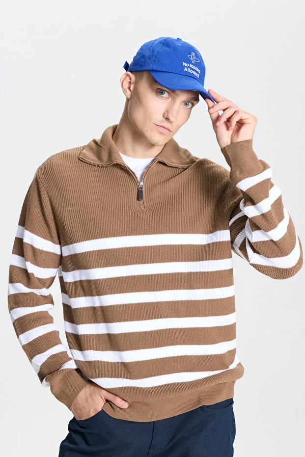 Men's Vizon-Ecru Wool Standard Fit Regular Cut Stand-Up Collar Knit Sweater