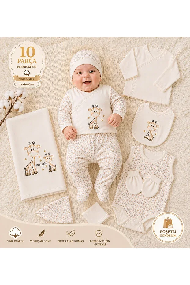 Newborn Baby Hospital Exit Set 10 Pieces Ready for Mother's Birth Bag Unisex Giraffe Ecru 100% Cotton