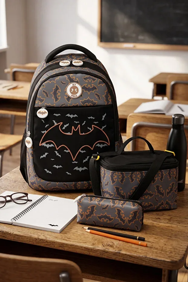 My Polo 2075 3-Piece Set Boys' Primary School Bag Backpack with Pencil Case and Lunch Bag BLACK