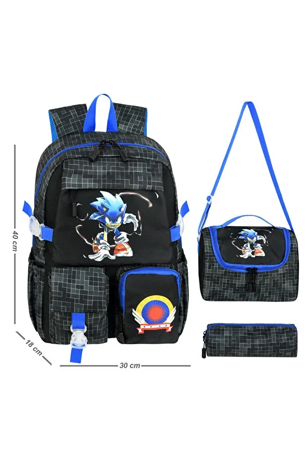 Korea Kawaii Black Sonic Themed Boys Primary School Bag Thermal Lunch Bag and Pencil Case 3-piece set