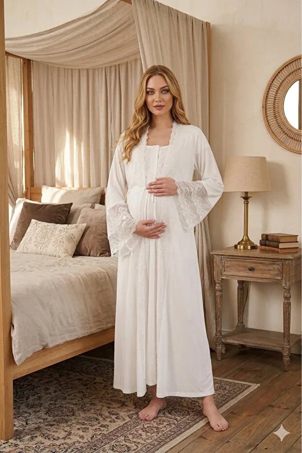 New Season Ecru Lace Detailed Special Design 100% Cotton Full Length Maternity Lohussa Nightgown Set