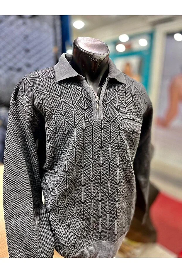 Men's Knit Half-Zip Pocketed Patterned Sweater