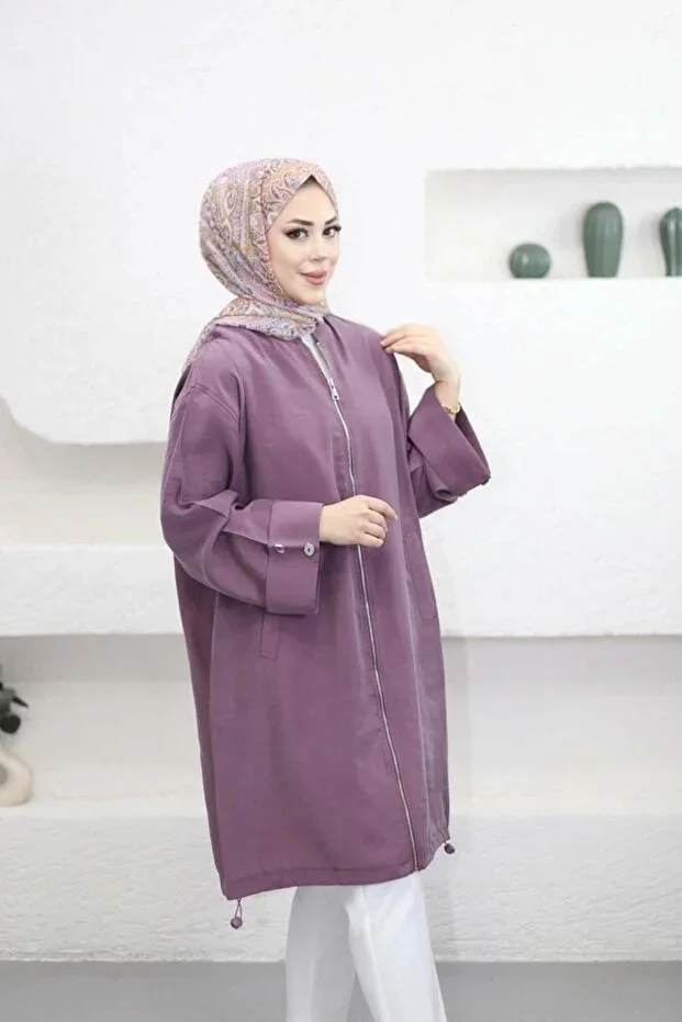 Suede Style 6346 - Comfortable Long Tunic with Zippered Pockets and Button Detail