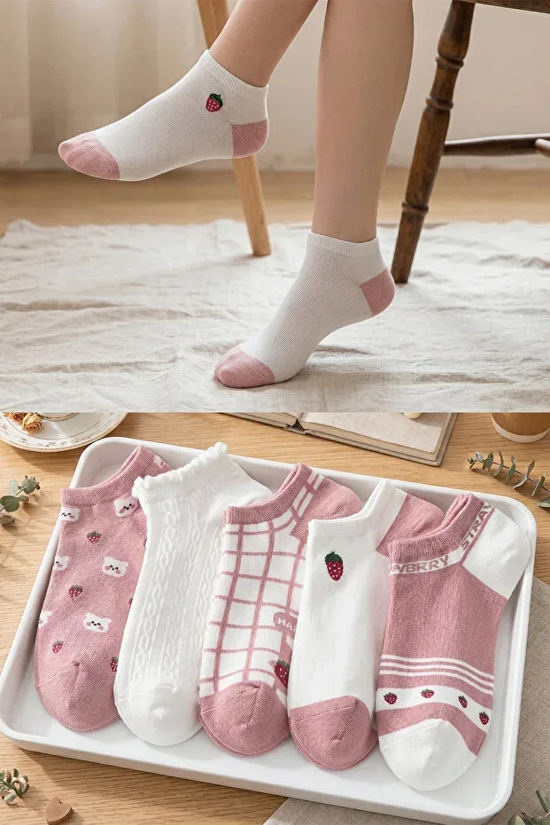 5 Pairs Pink Strawberry Patterned Short Socks