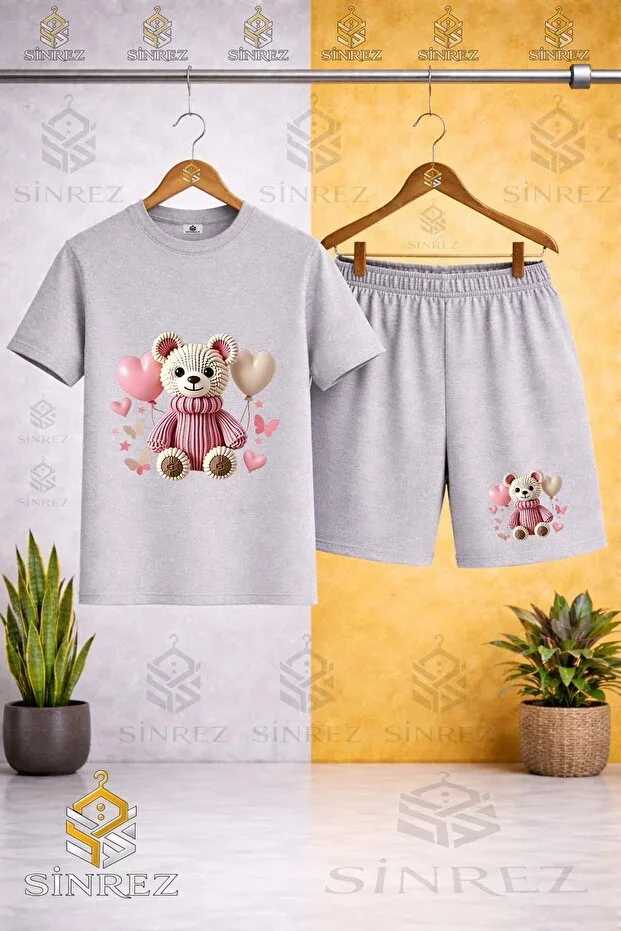Round Neck Kids AYICIK PINK BALLOON Printed T-shirt - Shorts Set