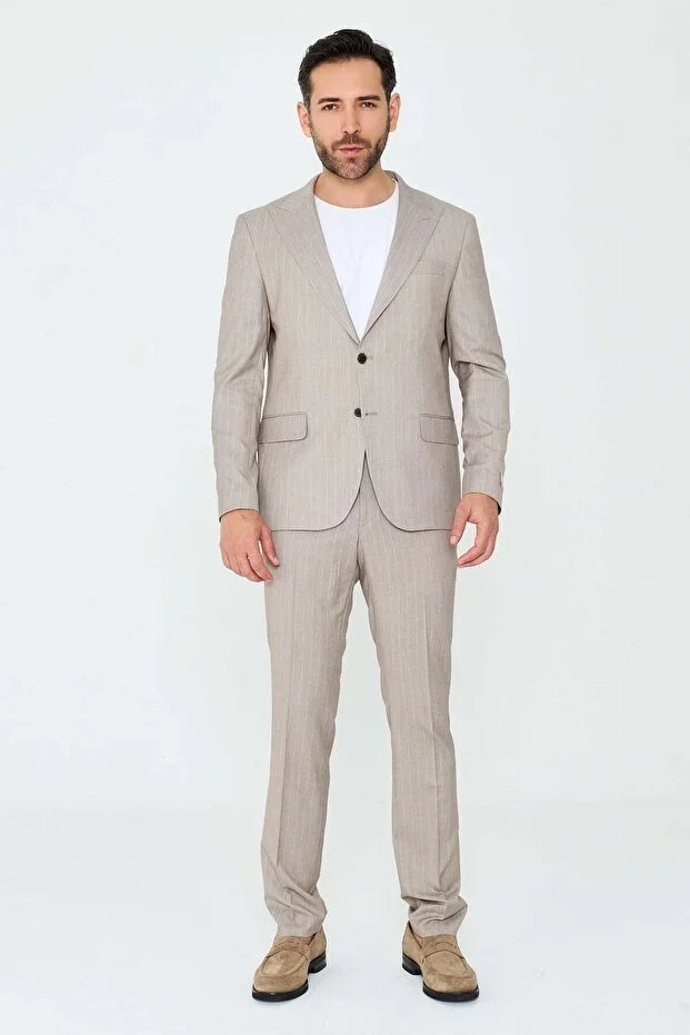 Beige Striped Peak Lapel 6 Drop Regular Fit Daily Suit