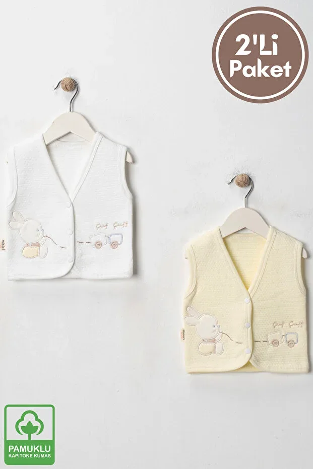Unisex Baby Rabbit Embroidered Organic Cotton 3-6-9 Months 2-Piece Quilted Baby Vest - Yellow